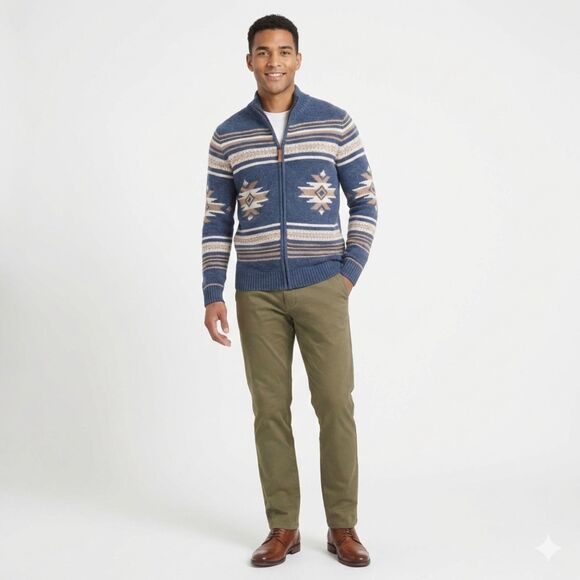 Frye Mens Mock Neck Cardigan Large Navy Beige Full Zip Southwest Heavyweight